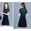 氣質娃娃領修身顯瘦中大尺碼假兩件洋裝連身裙(紅色、綠色)190601006_3
