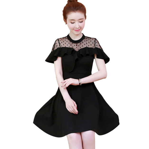 小香風網紗拼接黑色洋裝連身裙190601013