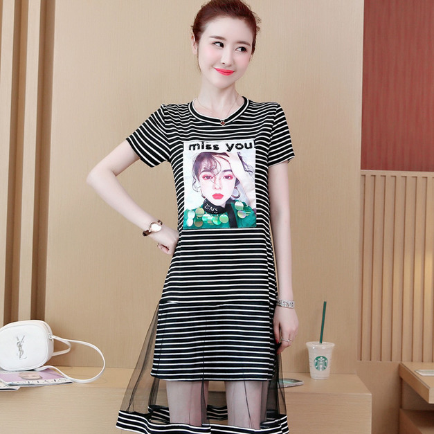 韓版中大尺碼寬鬆遮肉顯瘦網紗拼接洋裝連身裙190601014