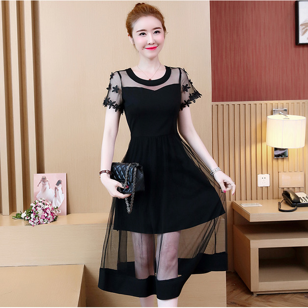 韓版時尚女裝修身顯瘦網紗拼接洋裝連身裙190601021