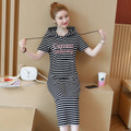 休閒時尚風中大尺碼過膝連身裙休閒裙長裙(灰、黑、條紋3種顏色)190601033_2
