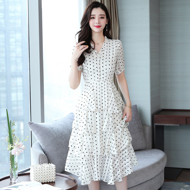 韓版氣質圓點點中大尺碼修身顯瘦V領蛋糕裙洋裝連身裙190601036
