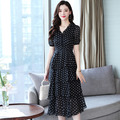韓版氣質圓點點中大尺碼修身顯瘦V領蛋糕裙洋裝連身裙190601036_1