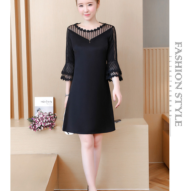 韓版韓版鏤空拼接蕾絲V領時尚收腰修身A字連衣裙連身裙洋裝190727002