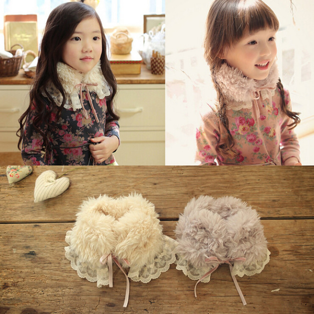 秋冬可愛蕾絲毛絨領圍/圍脖/百搭圍巾(米色/粉色) 