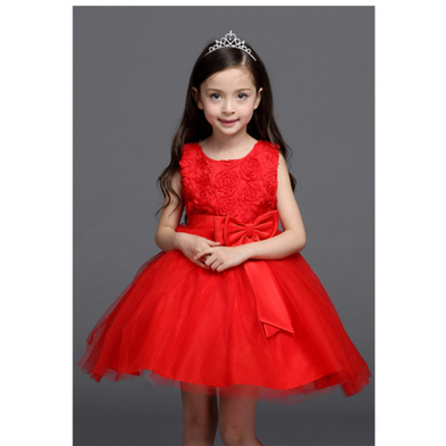 新款中大童花朵蝴蝶結蓬蓬公主裙/禮服(紅色) 