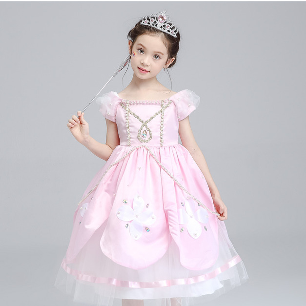 韓版中大童粉色珍珠花邊公主裙/禮服