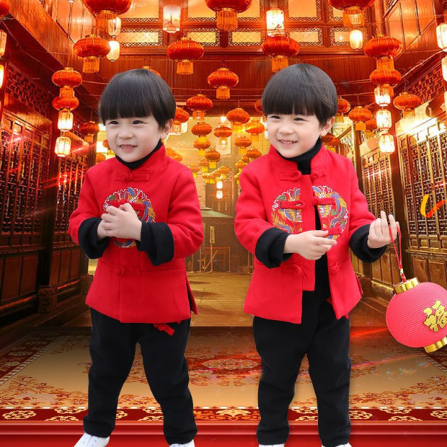 中國款中大男童毛呢厚款唐裝上衣+長褲二件套裝