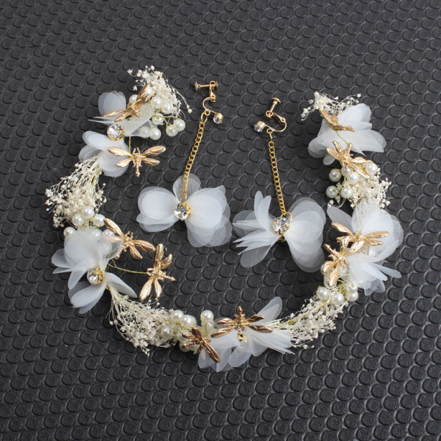韓國蝴蝶結蜻蜓款白色花環+耳環二件套/髮飾/花童/禮服配飾(H款)