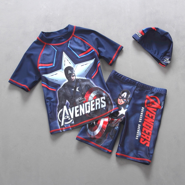 韓國外貿中大男童防晒泳衣泳褲+泳帽三件套裝(復仇者聯盟)