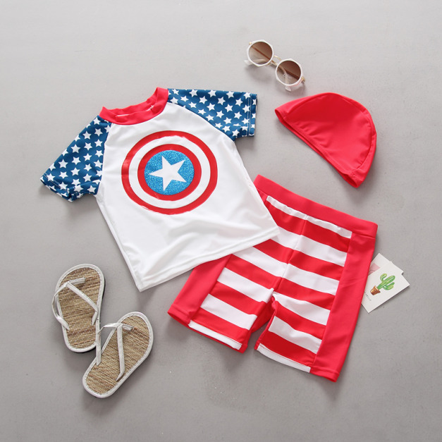 韓國外貿男童防晒泳衣泳褲+泳帽三件套裝(美國隊長)