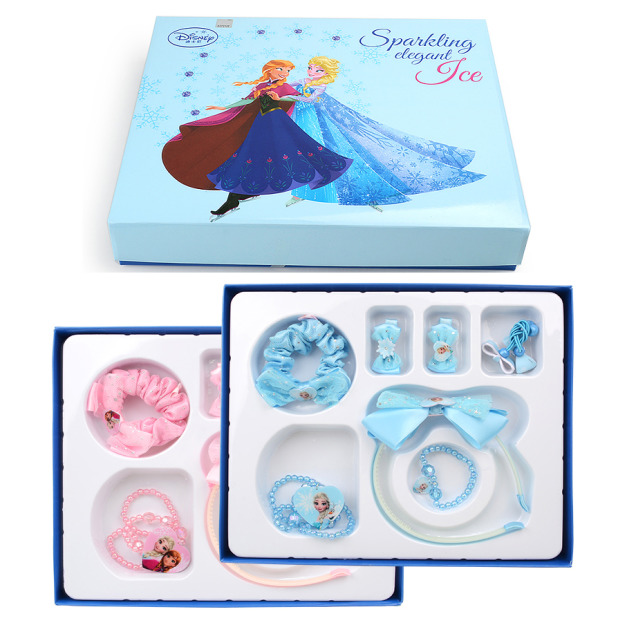 艾莎安娜兒童髮飾項鍊手鍊禮盒/畢業/生日禮物(粉/藍)