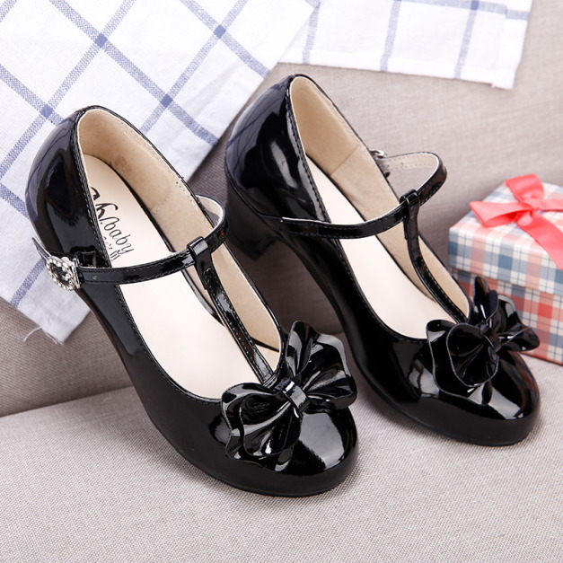 韓版兒童蝴蝶結T字亮皮高跟公主鞋(黑色) 現貨