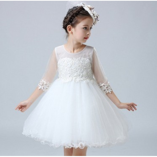 韓版中大童繡花蕾絲半袖紗網紗公主裙(白色)