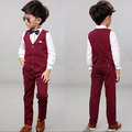 帥氣男童長袖襯衫+西裝背心+長褲三件套裝(酒紅色)
