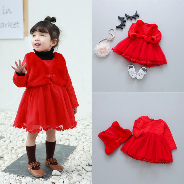 新年款小童加絨毛背心+旗袍蓬蓬公主裙二件套(現)