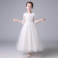 韓版新款中大童唯美蕾絲中袖長款白色禮服/亮片蓬蓬裙/表演服_2