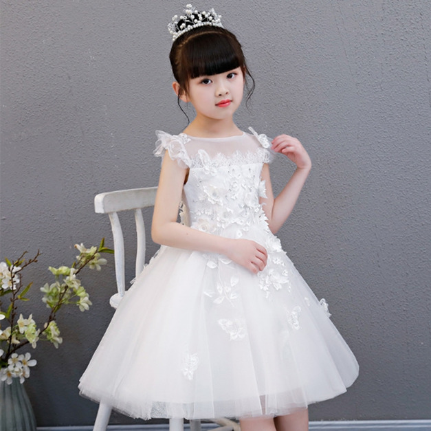 韓版中大童立體花朵小飛袖蕾絲白紗禮服/公主裙