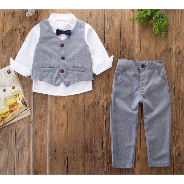 歐美外貿男童全棉襯衫+背心+長褲三件套
