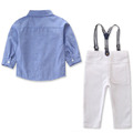 歐美外貿男童全棉襯衫+白色吊帶長褲二件套(藍色)_1
