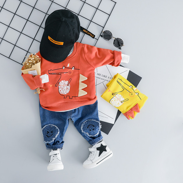 春裝韓版男童可愛小鱷魚上衣+長褲二件套(2色)