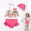 外貿韓版女童小碎花荷葉花邊粉色泳衣+泳褲+泳帽三件套