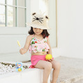 外貿韓版女童小碎花荷葉花邊粉色泳衣+泳褲+泳帽三件套_3