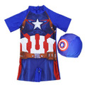 韓版男童漫威卡通超人防曬連身泳衣+泳帽二件套(美國隊長)