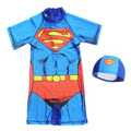 韓版男童漫威卡通超人防曬連身泳衣+泳帽二件套(超人)