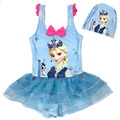 外貿韓版冰雪奇緣艾莎蝴蝶結連身花邊蓬裙泳衣+泳帽(藍色)