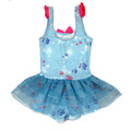 外貿韓版冰雪奇緣艾莎蝴蝶結連身花邊蓬裙泳衣+泳帽(藍色)_1