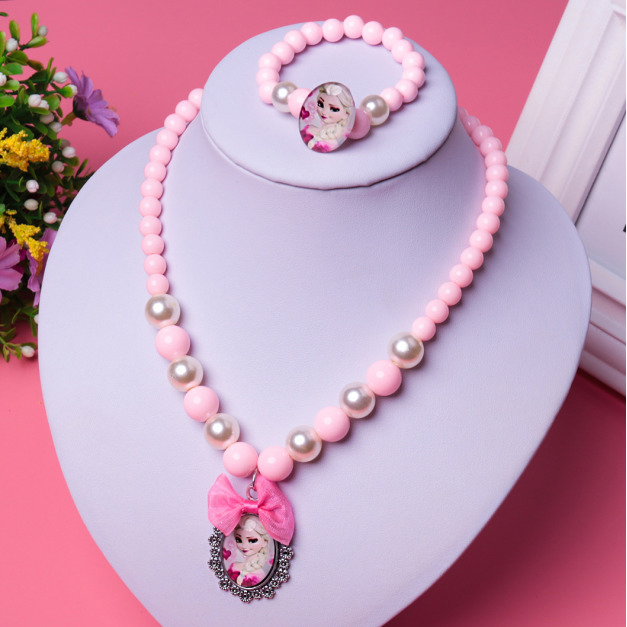 韓版冰雪奇緣珍珠項鍊+手鍊公主飾品套組(粉色)