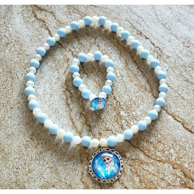 韓版冰雪奇緣珍珠項鍊+手鍊公主飾品套組(藍色)