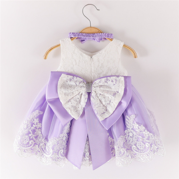 夏裝韓版女寶寶蕾絲蝴蝶結公主裙/生日禮服(紫色)送髮帶