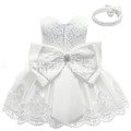 夏裝韓版女寶寶蕾絲蝴蝶結公主裙/生日禮服(白色)送髮帶