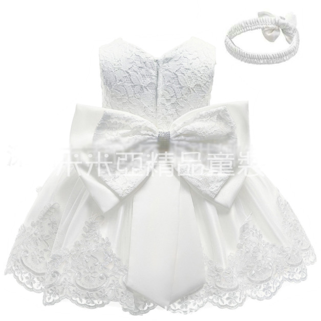 夏裝韓版女寶寶蕾絲蝴蝶結公主裙/生日禮服(白色)送髮帶