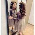 秋裝新款韓版中大童網紗拼接長袖連衣裙_1