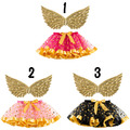 萬聖節cosplay女童七彩網紗蓬裙+金色翅膀二件套(3款)
