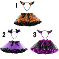 萬聖節cosplay女童七彩網紗蓬裙+小惡魔髮圈二件套(3款)