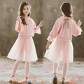 秋裝新款中大童粉色花邊領上衣+網紗假二件裙褲二件套_3