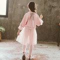秋裝新款中大童粉色花邊領上衣+網紗假二件裙褲二件套_2