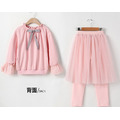 秋裝新款中大童粉色花邊領上衣+網紗假二件裙褲二件套_5