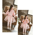 秋裝新款中大童粉色花邊領上衣+網紗假二件裙褲二件套_7