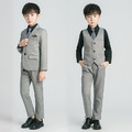 韓版帥氣中大男童黑色襯衫+西裝外套+背心+長褲+領帶五件套(灰色)