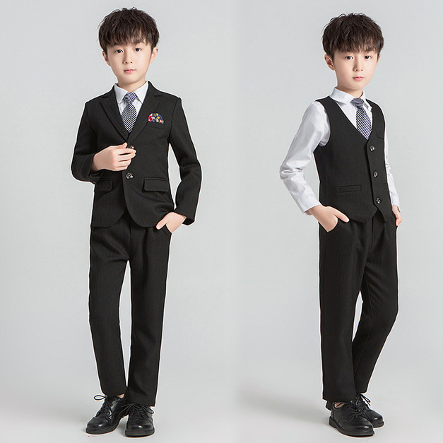 韓版帥氣中大男童白色襯衫+西裝外套+背心+長褲+領帶五件套(黑色)