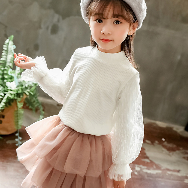 春秋裝新款韓版中大童純色軟紗喇叭袖白色上衣/內搭衣