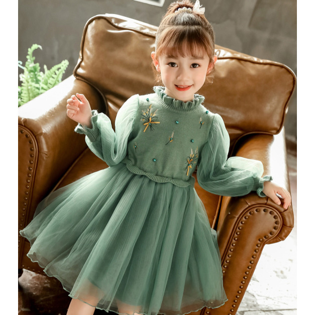 秋冬款韓版中大童小刺繡毛衣拼接紗連衣裙(綠色)