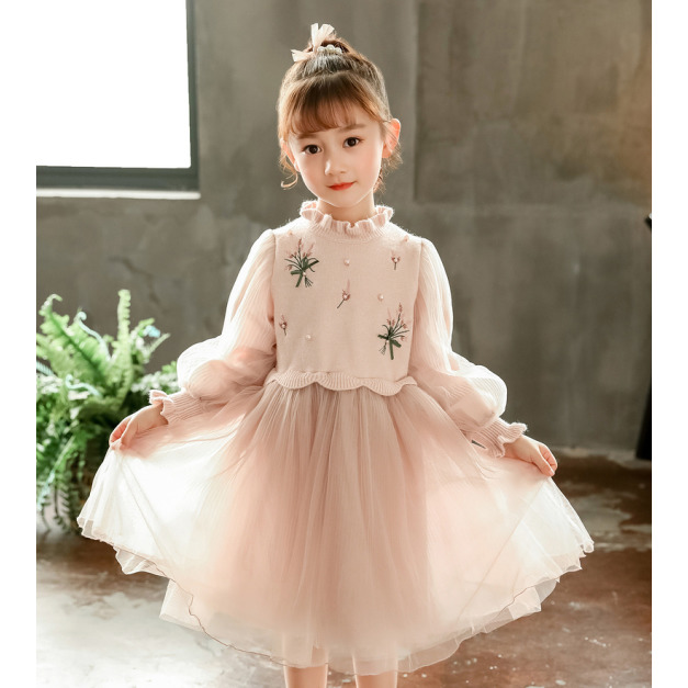 秋冬款韓版中大童小刺繡毛衣拼接紗連衣裙(粉橘色)