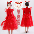 秋冬款韓版中大童毛衣拼接釘珠網紗紅色公主裙+糜鹿髮圈
