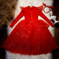 秋冬款韓版中大童毛衣拼接釘珠網紗紅色公主裙+糜鹿髮圈_6